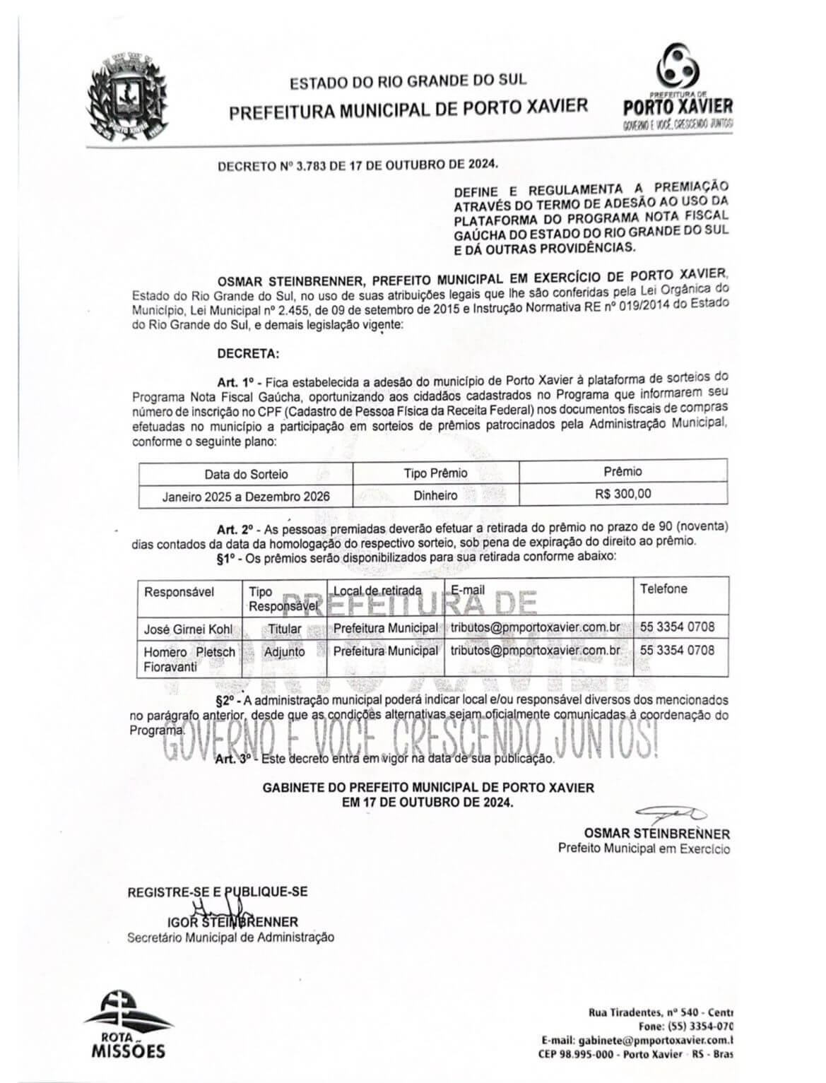 <p>DECRETO N&ordm; 3.783 DE 17 DE OUTUBRO DE 2024.</p>