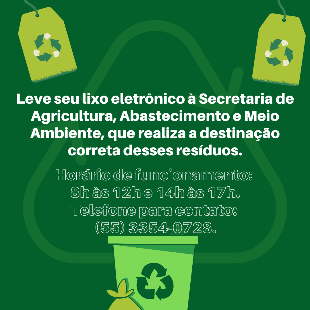 <p><strong>Lixo Eletr&ocirc;nico - Ponto de Coleta Especializado em Nosso Munic&iacute;pio: Secretaria de Agricultura, Abastecimento e Meio Ambiente</strong></p>