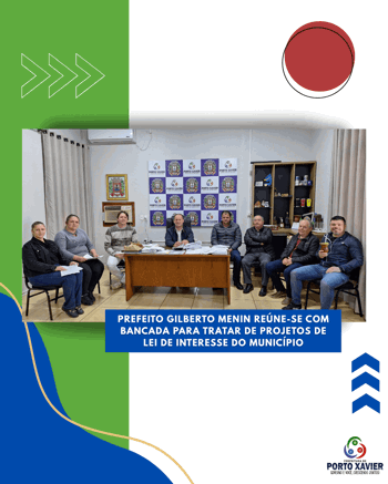 <p>PREFEITO GILBERTO MENIN RE&Uacute;NE-SE COM BANCADA PARA TRATAR DE PROJETOS DE LEI DE INTERESSE DO MUNIC&Iacute;PIO</p>