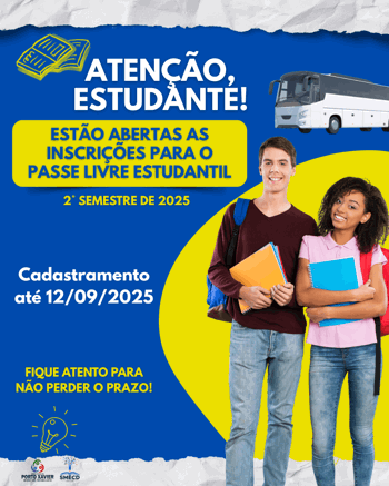 <p>ATEN&Ccedil;&Atilde;O, ESTUDANTE!</p>
<p>EST&Atilde;O ABERTAS AS INSCRI&Ccedil;&Otilde;ES PARA O PASSE LIVRE ESTUDANTIL - 2&ordm; SEMESTRE DE 2025</p>
