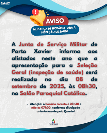 <p>AVISO &ndash; MUDAN&Ccedil;A DE HOR&Aacute;RIO PARA A INSPE&Ccedil;&Atilde;O DE SA&Uacute;DE</p>