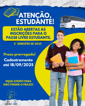 <p>PRAZO PRORROGADO - INSCRI&Ccedil;&Otilde;ES PARA O PASSE LIVRE ESTUDANTIL 2&ordm; SEMESTRE DE 2025 V&Atilde;O AT&Eacute; 18/09/2025</p>