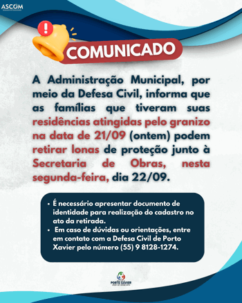 <p>DEFESA CIVIL INFORMA: Lonas Dispon&iacute;veis para Resid&ecirc;ncias Atingidas pelo Granizo</p>