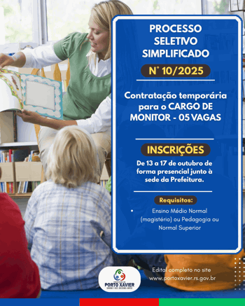 <p>CONTRATA&Ccedil;&Atilde;O TEMPOR&Aacute;RIA PARA O CARGO DE MONITOR - 05 VAGAS</p>
