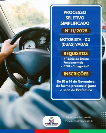 <p>CONTRATA&Ccedil;&Atilde;O TEMPOR&Aacute;RIA PARA O CARGO DE MOTORISTA &ndash; 02 VAGAS</p>