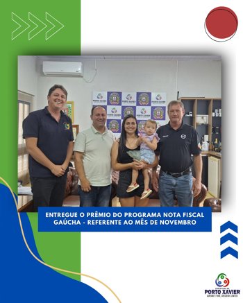 <p>ENTREGUE O PR&Ecirc;MIO DO PROGRAMA NOTA FISCAL GA&Uacute;CHA - REFERENTE AO M&Ecirc;S DE NOVEMBRO</p>
