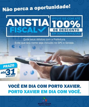 <p>PREFEITURA CONCEDE ANISTIA FISCAL DE AT&Eacute; 100% EM JUROS E MULTAS DE D&Iacute;VIDA ATIVA</p>