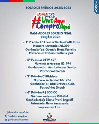 <p><em>BOL&Atilde;O DE PR&Ecirc;MIOS 2025/2028</em></p>
<p><em>VIVO AQUI, COMPRO AQUI!</em></p>
<p><strong>RESULTADO DO SORTEIO FINAL DA CAMPANHA BOL&Atilde;O DE PR&Ecirc;MIOS &ndash; EDI&Ccedil;&Atilde;O 2025</strong></p>