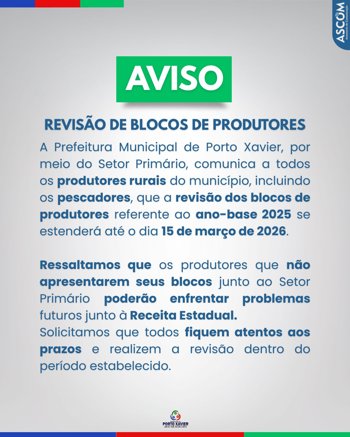 <p>AVISO &ndash; REVIS&Atilde;O DE BLOCOS DE PRODUTORES</p>