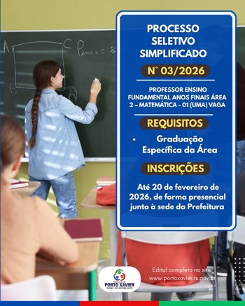 <p>CONTRATA&Ccedil;&Atilde;O DE 01 (UM) PROFESSOR ENSINO FUNDAMENTAL ANOS FINAIS &ndash; &Aacute;REA 2 &ndash; MATEM&Aacute;TICA</p>