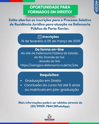 <p>PROCESSO SELETIVO ABERTO NA DEFENSORIA P&Uacute;BLICA DE PORTO XAVIER&nbsp;</p>