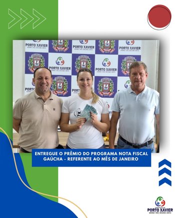 <p>ENTREGUE O PR&Ecirc;MIO DO PROGRAMA NOTA FISCAL GA&Uacute;CHA - REFERENTE AO M&Ecirc;S DE JANEIRO</p>