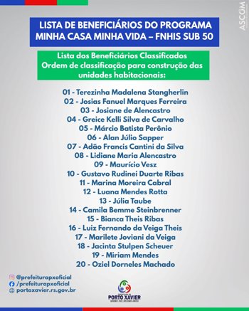 Porto Xavier divulga lista de benefici&aacute;rios do Programa Minha Casa Minha Vida &ndash; FNHIS Sub 50