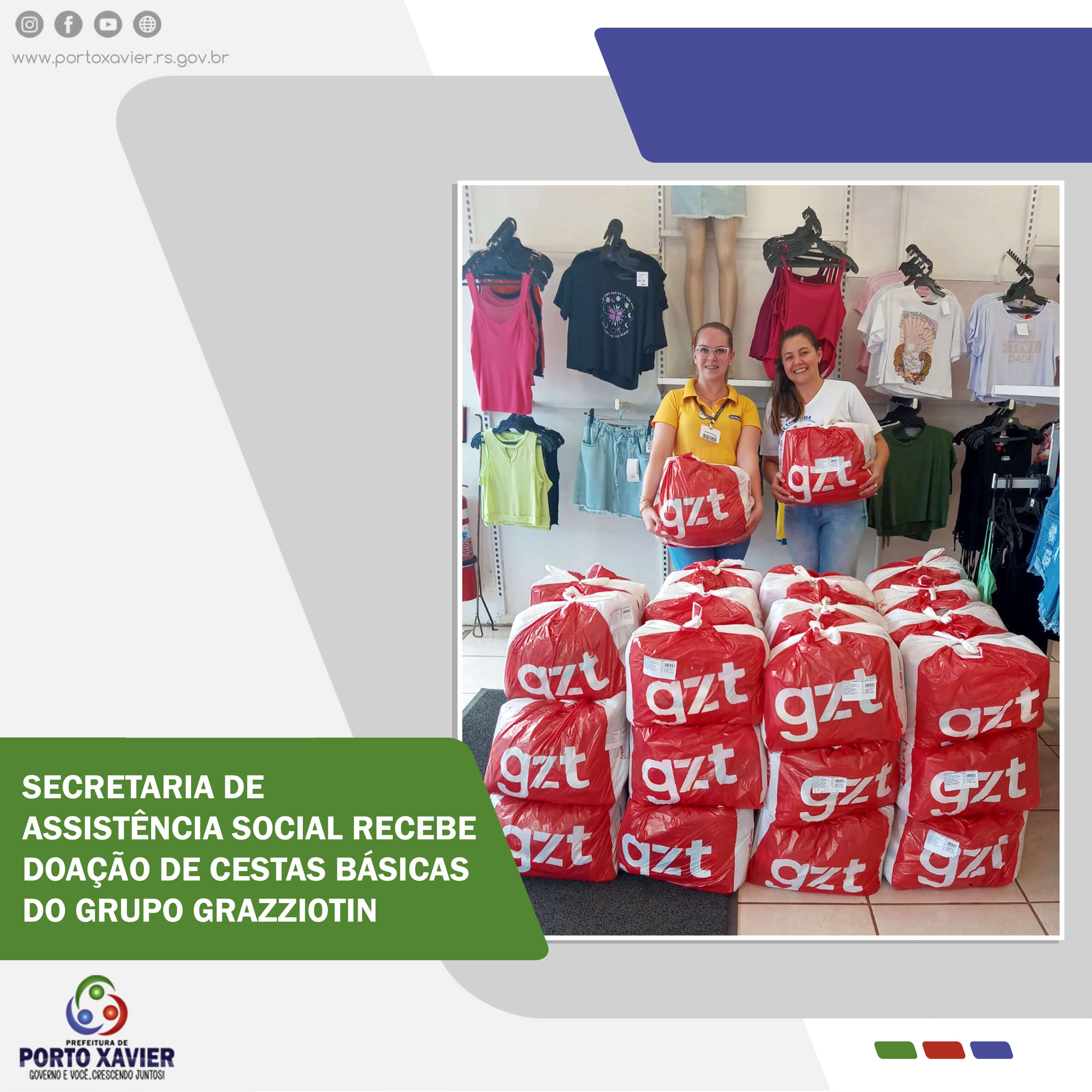 SECRETARIA DE ASSISTÊNCIA SOCIAL RECEBE DOAÇÃO DE CESTAS BÁSICAS DO GRUPO GRAZZIOTIN