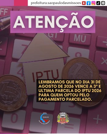 <span style="font-size: 12pt;">VENCIMENTO DA 3&ordf; E &Uacute;LTIMA PARCELA DO IPTU 2026</span>