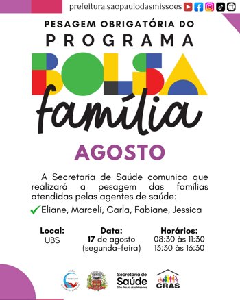<span style="font-size: 12pt;">PESAGEM OBRIGAT&Oacute;RIA DO PROGRAMA BOLSA FAM&Iacute;LIA ACONTECE NO DIA 17 DE AGOSTO</span><br /><span style="font-size: 12pt;">&nbsp;</span><br />&nbsp;