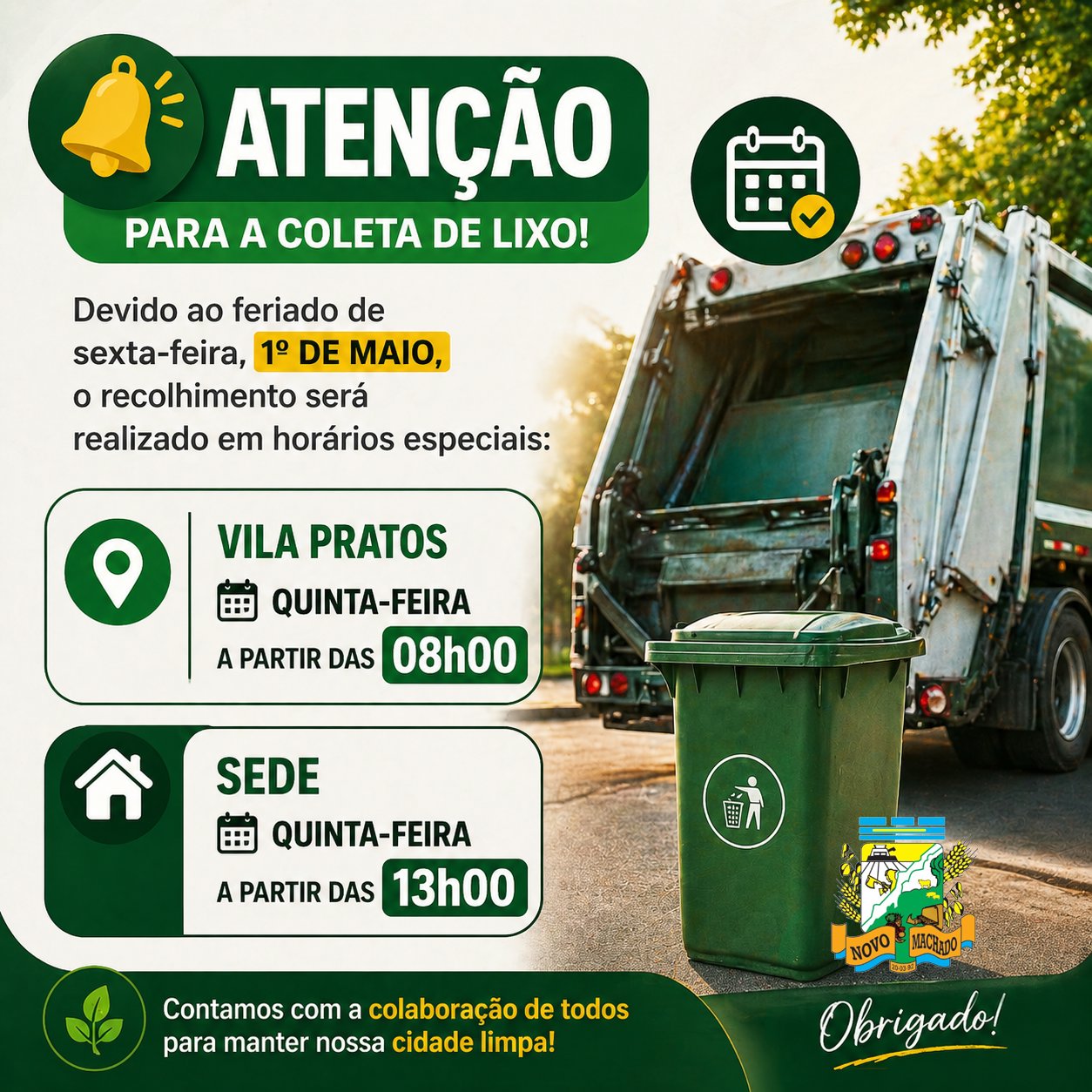 Altera&ccedil;&atilde;o no cronograma da coleta de lixo devido ao feriado do Dia do Trabalhador