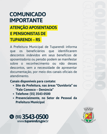 <div>
<p><strong>Aten&ccedil;&atilde;o aposentados e pensionistas de Tuparendi &ndash; RS</strong></p>
</div>