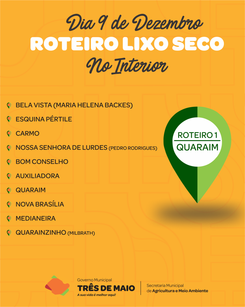 Roteiro do lixo seco no interior inicia na próxima segunda-feira