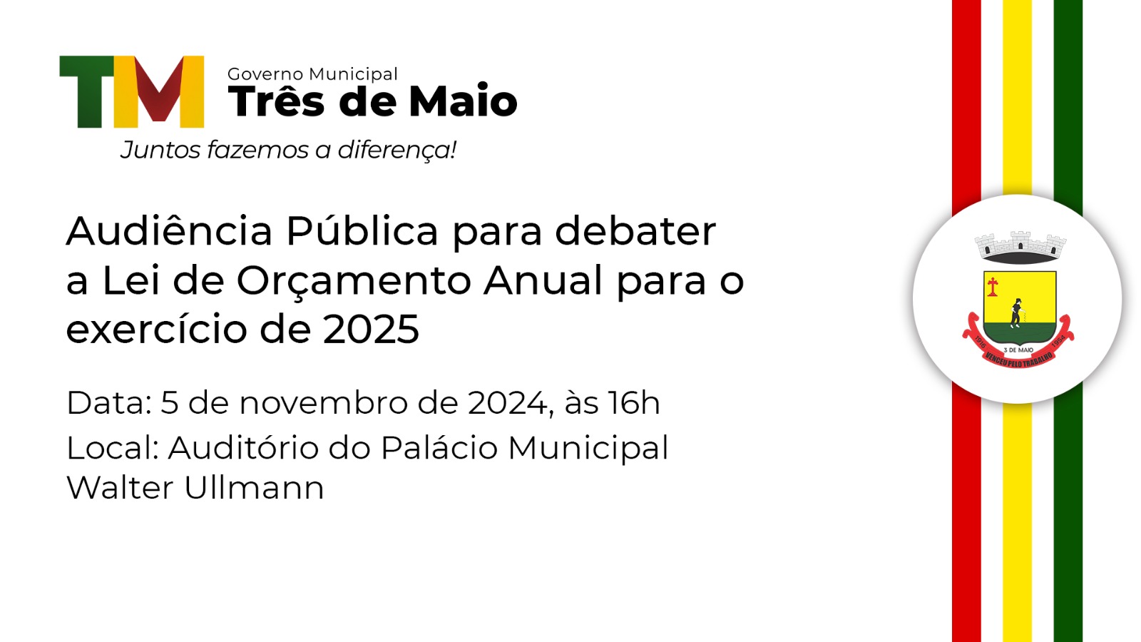 <p>AUDI&Ecirc;NCIA P&Uacute;BLICA DA LEI DE OR&Ccedil;AMENTO ANUAL PARA O EXERC&Iacute;CIO DE 2025 OCORRER&Aacute; AMANH&Atilde;</p>