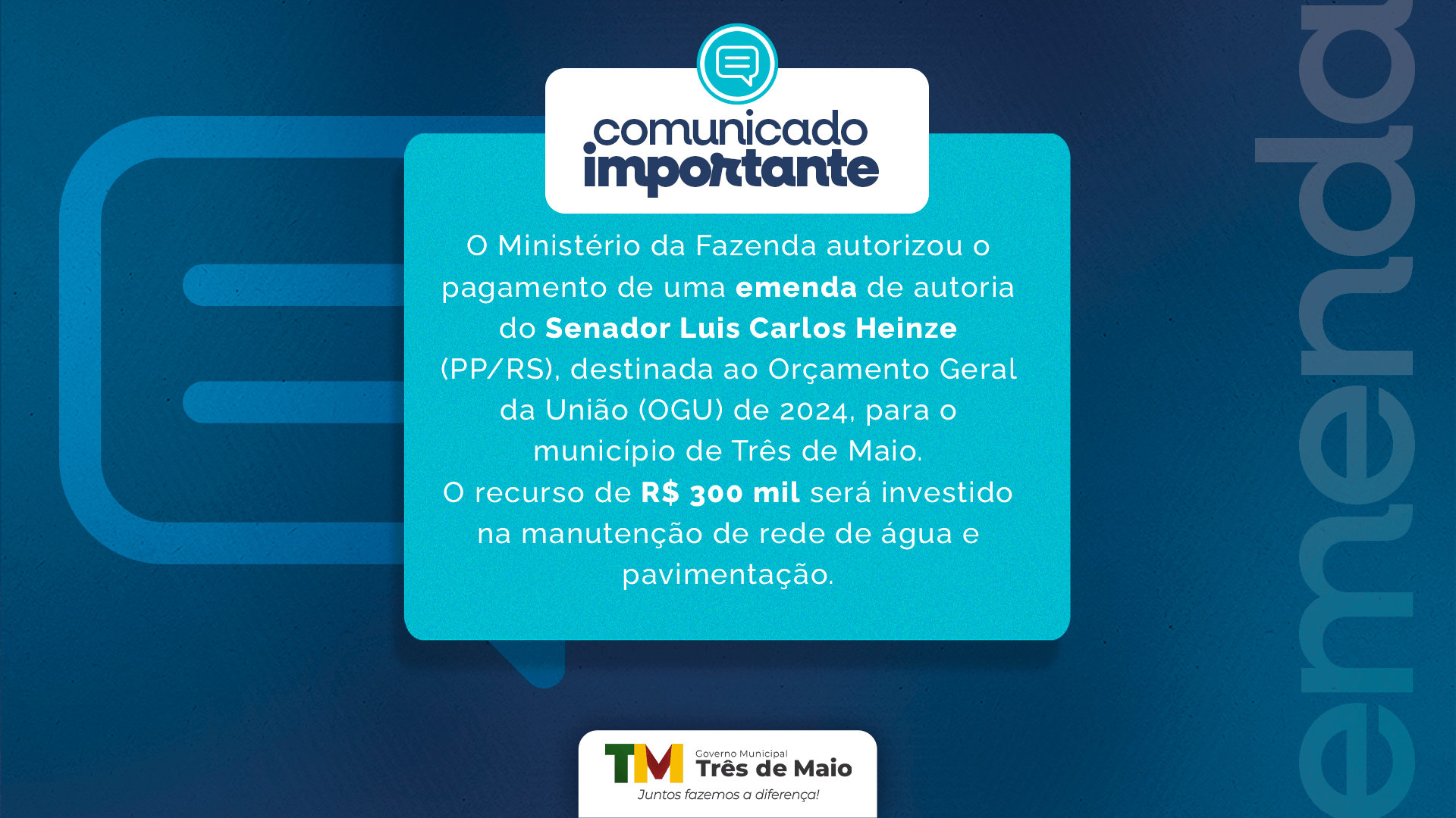 <p>MINIST&Eacute;RIO DA FAZENDA AUTORIZA PAGAMENTO DE EMENDA PARLAMENTAR DO SENADOR HEINZE PARA TR&Ecirc;S DE MAIO</p>