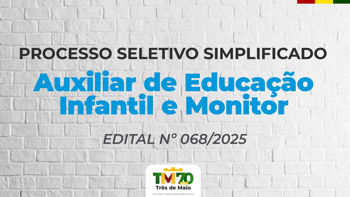 <p>INICIAM AMANH&Atilde; AS INSCRI&Ccedil;&Otilde;ES PARA O PROCESSO SELETIVO SIMPLIFICADO PARA AUXILIAR DE EDUCA&Ccedil;&Atilde;O INFANTIL E MONITOR<br /><br /></p>