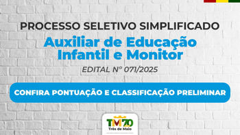 <p>CONFIRA A PONTUA&Ccedil;&Atilde;O E CLASSIFICA&Ccedil;&Atilde;O PRELIMINAR DO PROCESSO SELETIVO PARA AUXILIARES E MONITORES</p>