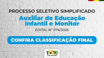<p>CLASSIFICA&Ccedil;&Atilde;O FINAL DO PROCESSO SELETIVO PARA AUXILIARES E MONITORES &Eacute; DIVULGADA</p>
<p>&nbsp;</p>