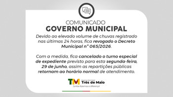 Governo Municipal revoga hor&aacute;rio especial de expediente devido &agrave;s condi&ccedil;&otilde;es clim&aacute;ticas