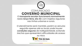 Governo Municipal orienta sobre funcionamento do transporte escolar nesta ter&ccedil;a-feira, dia 30