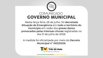 Governo Municipal de Tr&ecirc;s de Maio decreta Situa&ccedil;&atilde;o de Emerg&ecirc;ncia ap&oacute;s fortes chuvas
