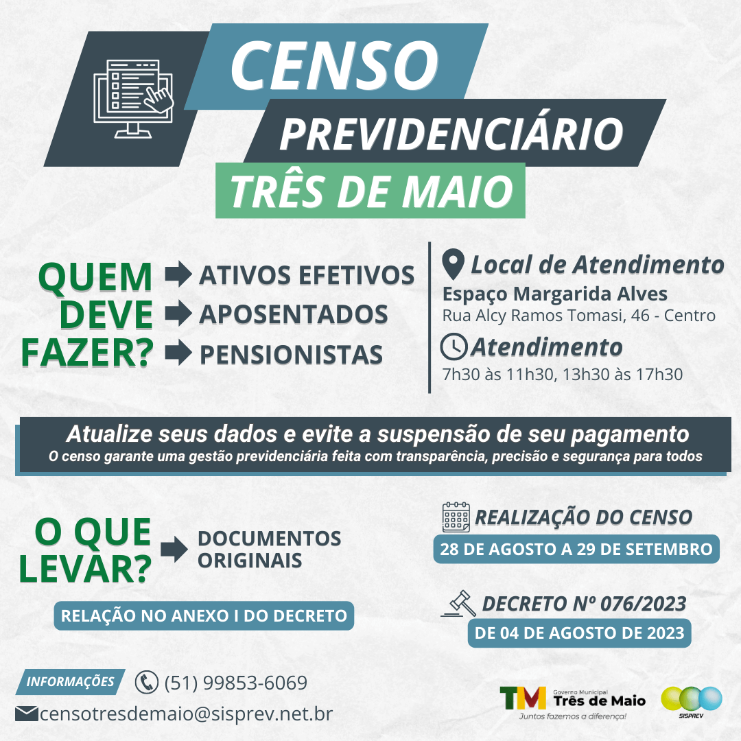 CENSO PREVIDENCIÁRIO INICIA NO DIA 28 DE AGOSTO