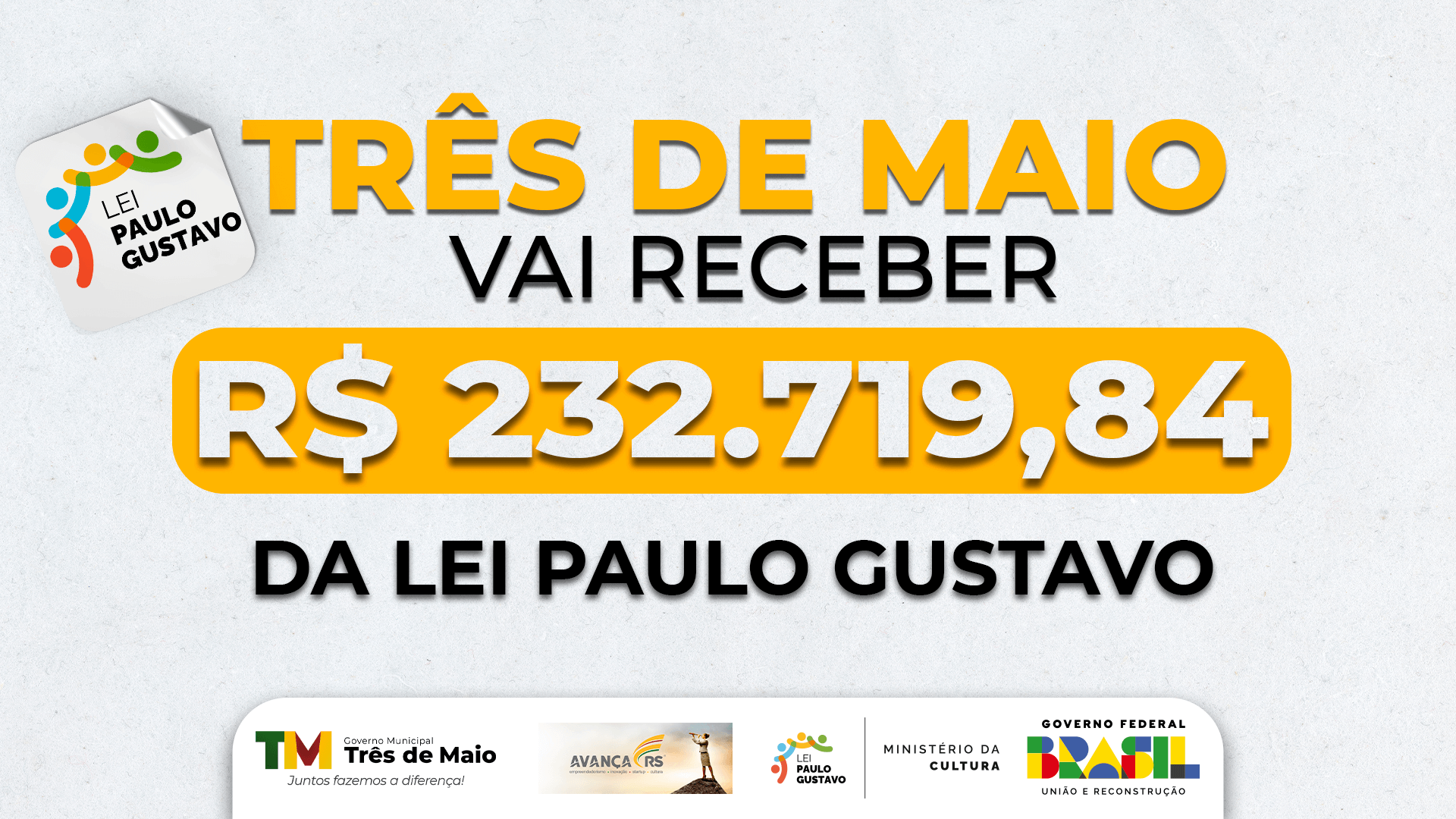 TRÊS DE MAIO SERÁ CONTEMPLADO COM RECURSOS DA LEI PAULO GUSTAVO