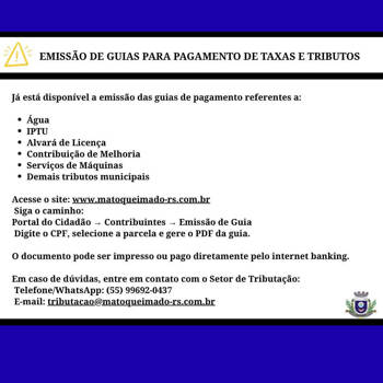 <p>EMISS&Atilde;O DE GUIAS PARA PAGAMENTO DE TAXAS E TRIBUTOS&nbsp;</p>