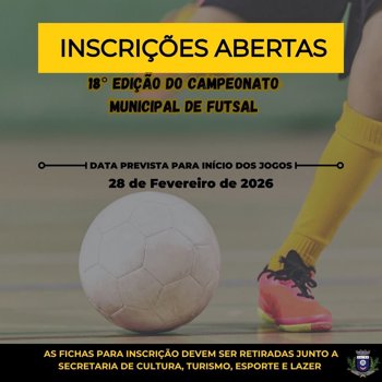 <p><span style="font-family: tahoma, arial, helvetica, sans-serif;"><span style="font-size: 12pt;">INSCRI&Ccedil;&Otilde;ES</span><span style="font-size: 12pt;"> CAMPEONATO MUNICIPAL DE FUTSAL - 18&deg; EDI&Ccedil;&Atilde;O</span></span></p>