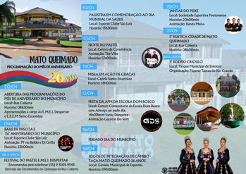 <p><strong><span style="font-family: 'book antiqua', palatino, serif;">PROGRAMA&Ccedil;&Atilde;O OFICIAL - M&Ecirc;S DE ANIVERS&Aacute;RIO DE MATO QUEIMADO</span></strong></p>