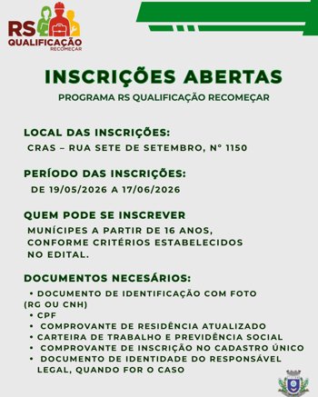 INSCRI&Ccedil;&Otilde;ES ABERTAS<br />PROGRAMA RS QUALIFICA&Ccedil;&Atilde;O RECOME&Ccedil;AR