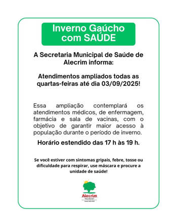 <div dir="auto">ATEN&Ccedil;&Atilde;O!</div>
<div dir="auto">Secretaria de Sa&uacute;de com hor&aacute;rio estendido de atendimento nas quartas-feiras!</div>
<div dir="auto">&nbsp;</div>
