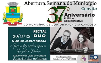 <h3 class="western"><strong>Abertura da Semana do Munic&iacute;pio contar&aacute; com recital do Duo N&uuml;ske-Deltr&eacute;gia na Casa de Cultura de Doutor Maur&iacute;cio Cardoso</strong></h3>
<p>&nbsp;</p>