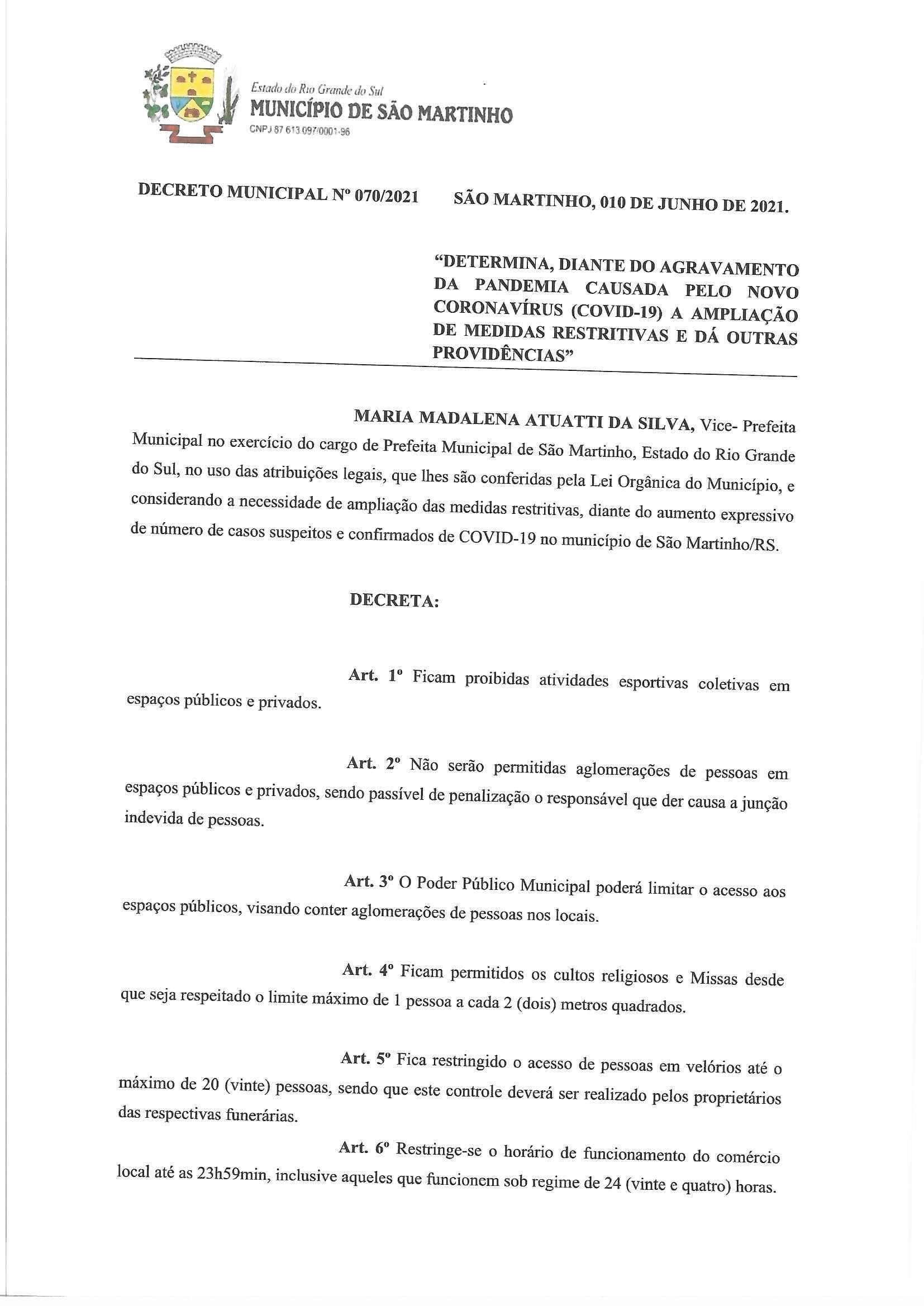 DECRETO MUNICIPAL Nº 070/2021