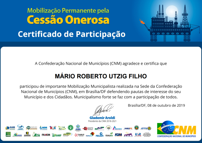 Prefeito Mário recebeu certificado da Cessão Onerosa e Município espera receber mais de R$ 800 mil