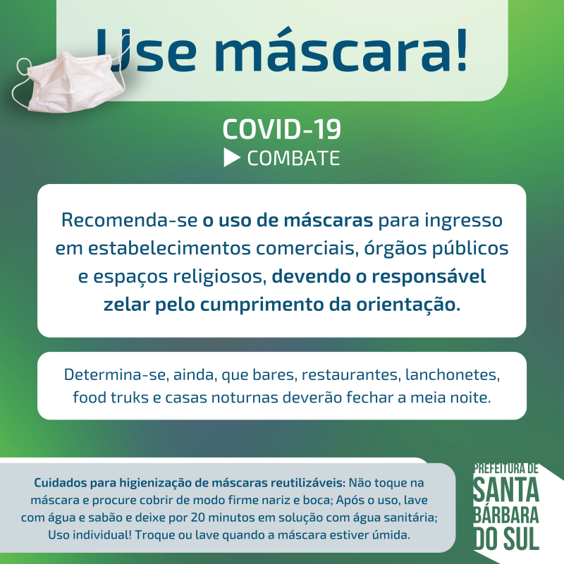 Atualização no Decreto Municipal de Santa Bárbara recomenda o uso de máscaras pela população