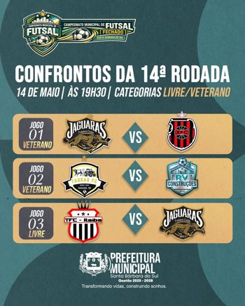 Futsal Municipal terá 14ª rodada nesta quinta-feira