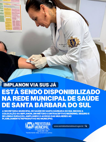 <span style="font-size: 14pt;"><strong>IMPLANON VIA SUS J&Aacute; EST&Aacute; SENDO DISPONIBILIZADO NA REDE MUNICIPAL DE SA&Uacute;DE DE SANTA B&Aacute;RBARA DO SUL</strong> </span>