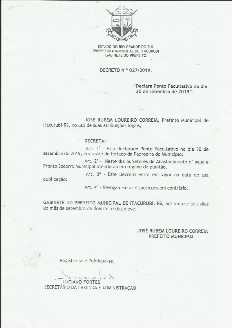 Ponto Facultativo dia 30 de Setembro e Feriado Municipal dia 01 de Outubro