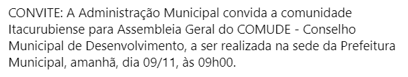 CONVITE: Assembleia Geral do COMUDE, dia 09/11, às 09h00.