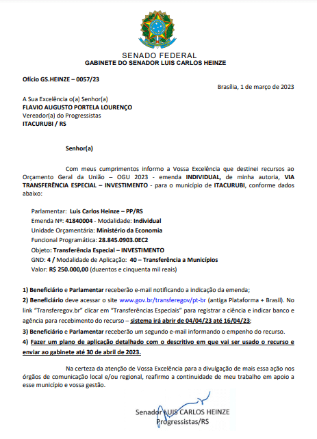 RECEBIMENTO DE RECURSOS - EMENDA PARLAMENTAR - 250 MIL