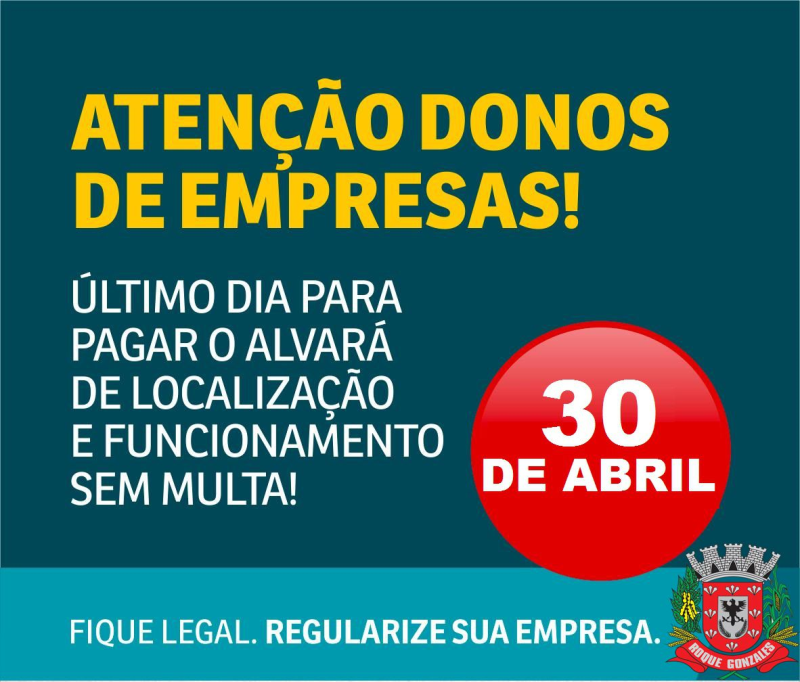 PRAZO PARA PAGAMENTO DE ALVARÁ ENCERRA DIA 30 DE ABRIL