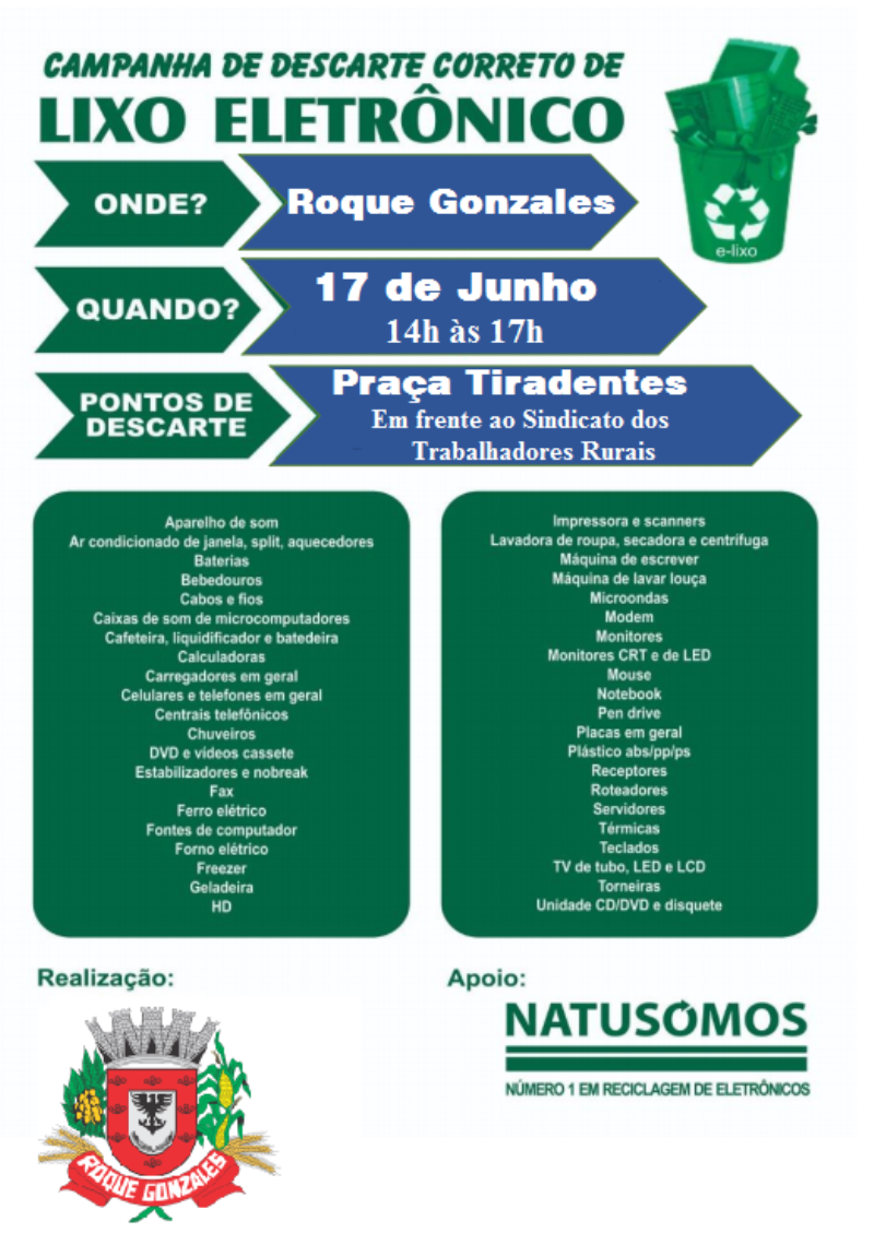 RECOLHIMENTO DE LIXO ELETRÔNICO SERÁ NO DIA 17 DE JUNHO