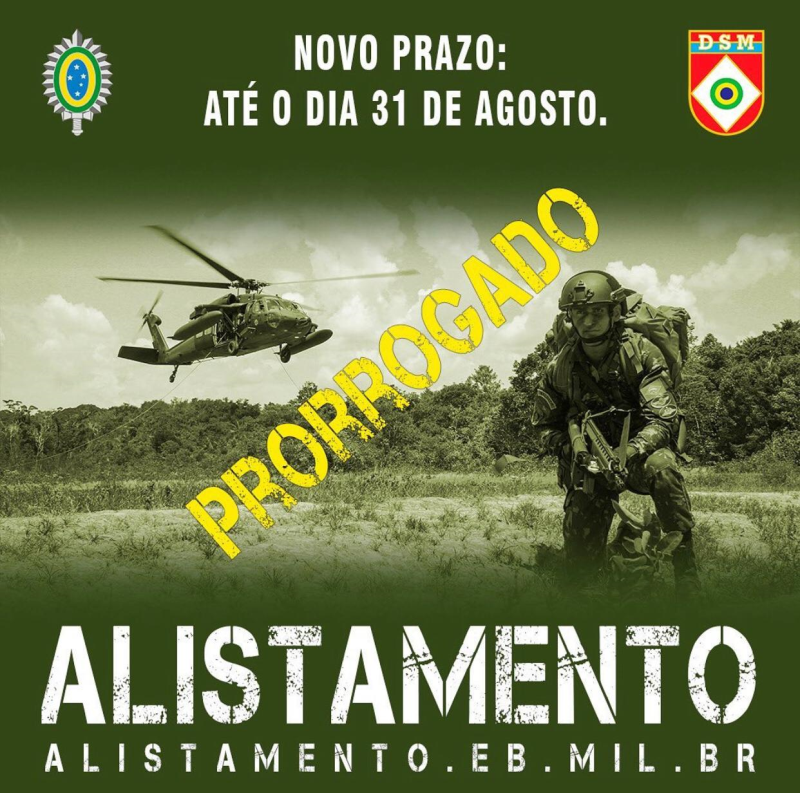 Prorrogado o prazo para o Alistamento Militar até 31 de agosto
